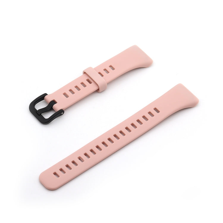 Light pink silicone watch strap with black buckle and perforated sizing holes