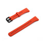 Bright orange-red silicone watch strap with black buckle and perforated sizing holes