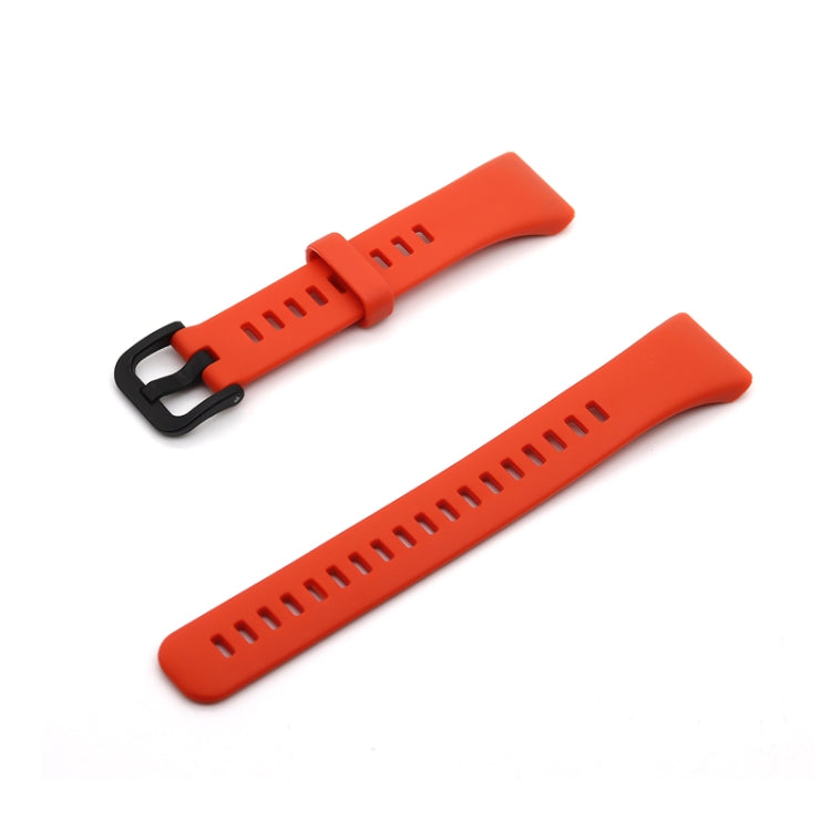 Bright orange-red silicone watch strap with black buckle and perforated sizing holes