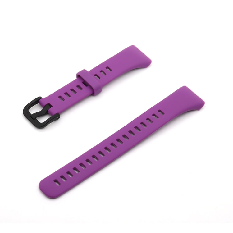 Purple silicone watch strap with black buckle and perforated sizing holes