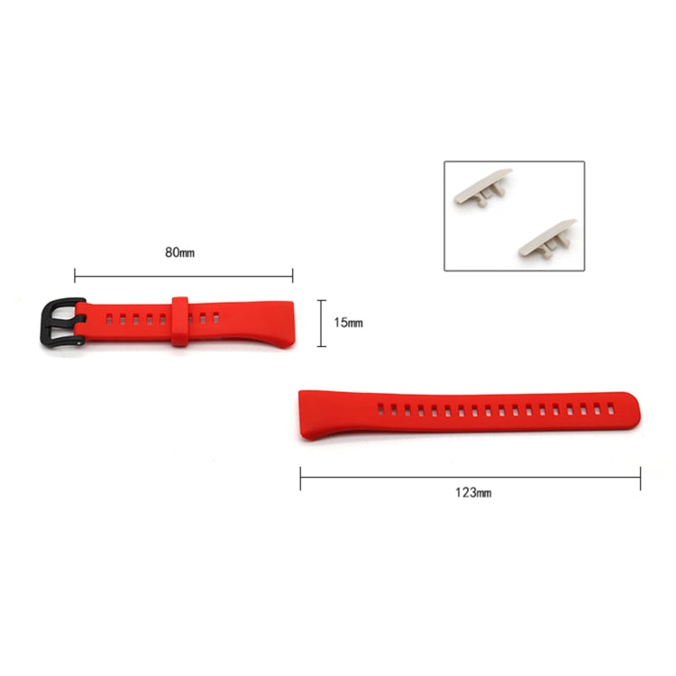 Red silicone watch strap with black buckle; 80mm and 123mm lengths, 15mm width