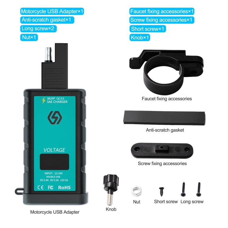 Black motorcycle USB PD charger with mounting bracket, screws, and SAE socket parts