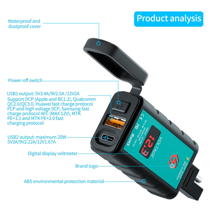 Black motorcycle USB PD charger with digital voltmeter, USB port, and SAE connector