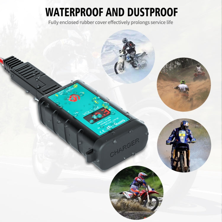 Black motorcycle USB PD charger with fully enclosed waterproof, dustproof rubber cover
