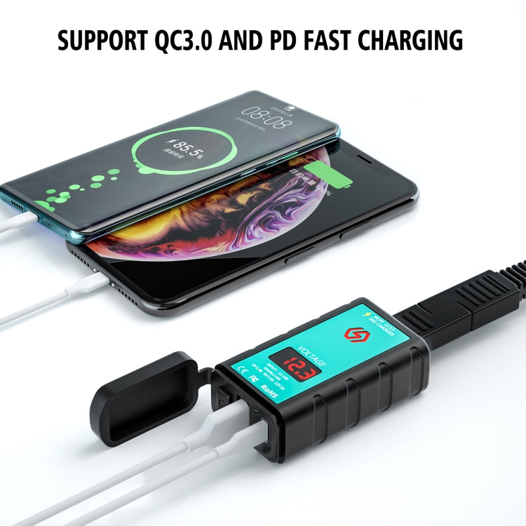 Black motorcycle fast charger with QC3.0 and PD support and dual charging indicators