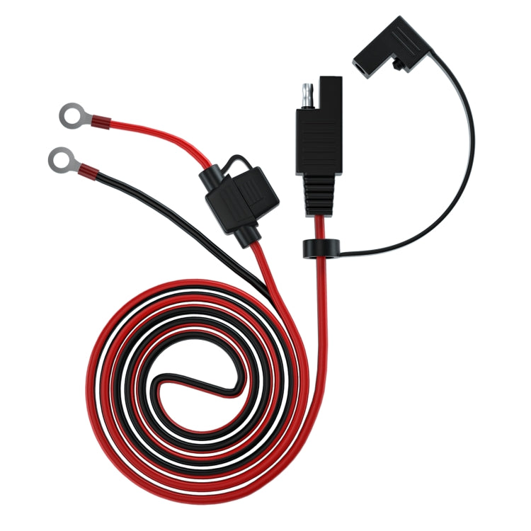 Coiled red and black terminal cable with inline fuse and SAE connector