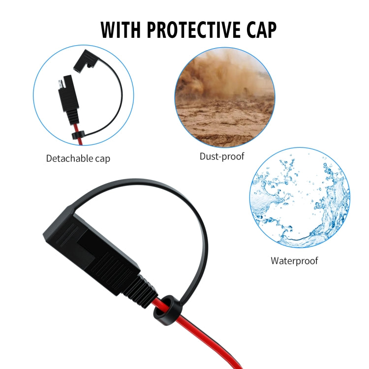 SAE terminal cable with protective cap on connector and red insulated wire