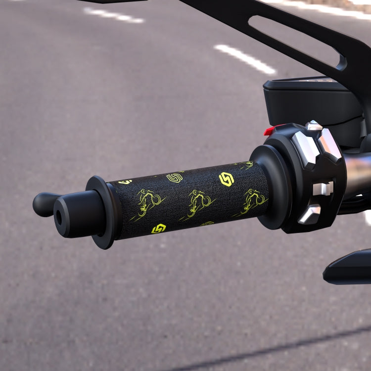 Motorcycle heated hand grip covers, black with green icons, on handlebar
