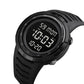 Black electronic dual-time wristwatch with dark digital display on round face
