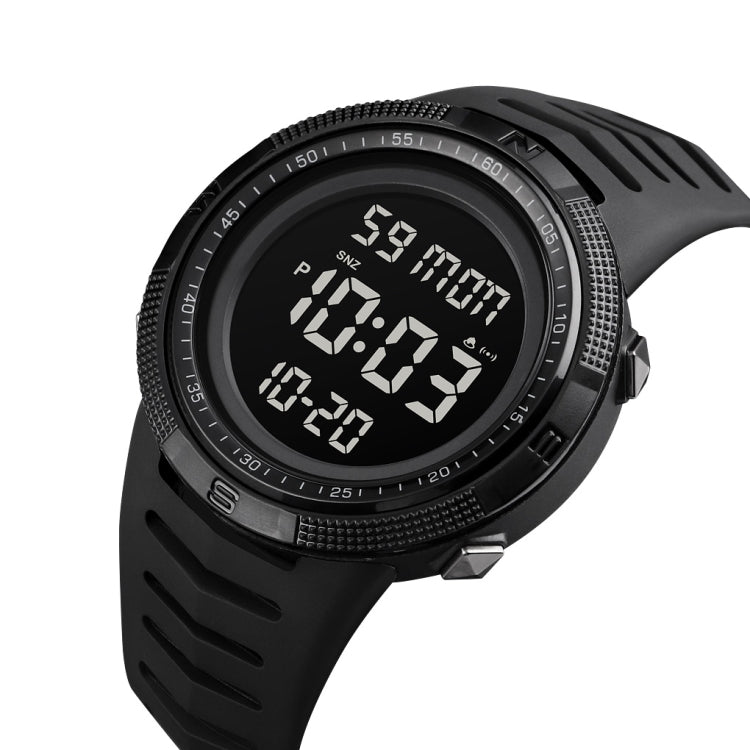 Black electronic dual-time wristwatch with dark digital display on round face