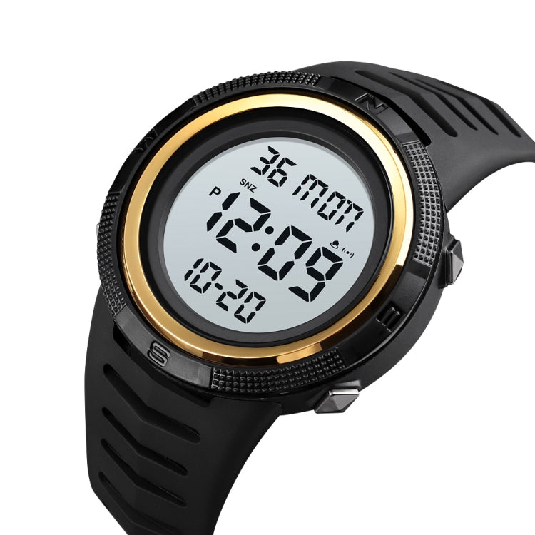 Black electronic dual-time wristwatch with gold rim and light digital display