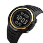 Black electronic dual-time wristwatch with gold rim and dark digital display