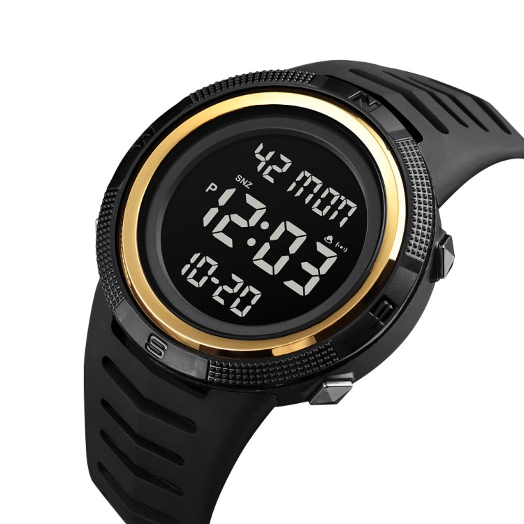 Black electronic dual-time wristwatch with gold rim and dark digital display