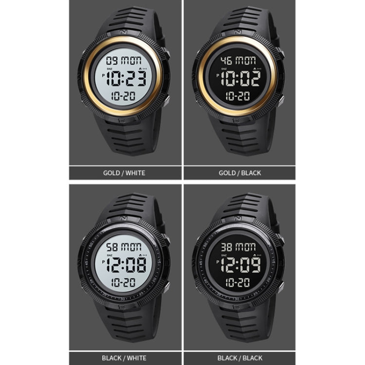 Assorted color versions of a black digital electronic wristwatch with dual-time display
