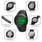 Digital sports watch parts shown: band, clasp, back cover, dial, and mirror views