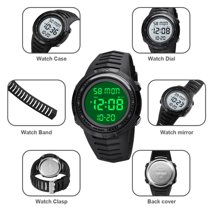 Digital sports watch parts shown: band, clasp, back cover, dial, and mirror views