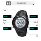Black digital sports wristwatch with visible buttons for light, mode, and alarm