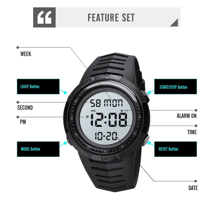 Black digital sports wristwatch with visible buttons for light, mode, and alarm