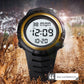 Gold-accented digital electronic wristwatch with dual-time display on dark strap