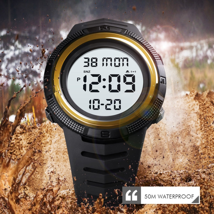 Gold-accented digital electronic wristwatch with dual-time display on dark strap
