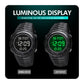 Black digital sports wristwatch pair showing normal and illuminated luminous display