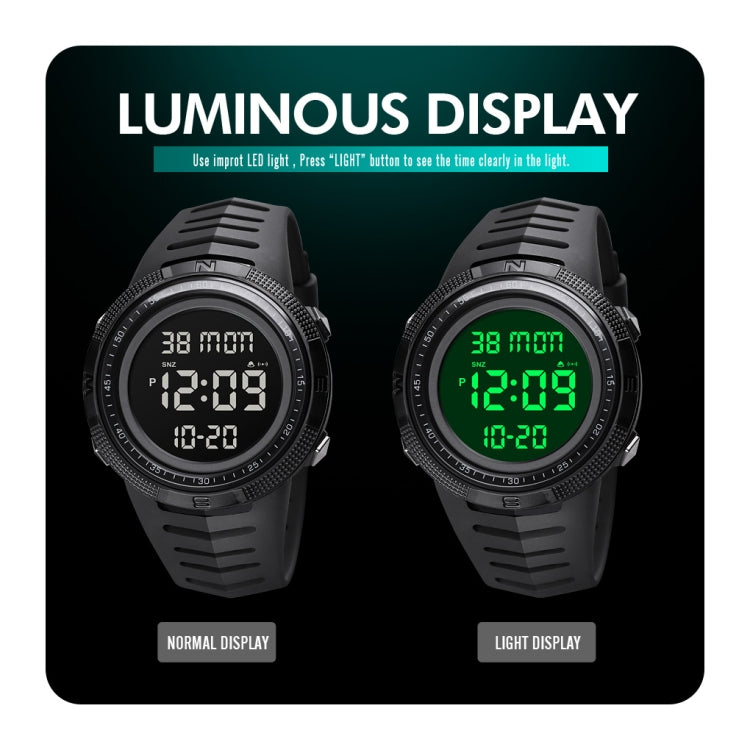 Black digital sports wristwatch pair showing normal and illuminated luminous display