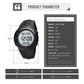 Black digital electronic watch diagram with rubber strap and round display, shown with dimensions