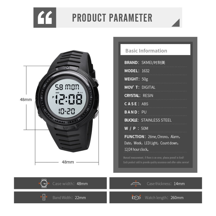 Black digital electronic watch diagram with rubber strap and round display, shown with dimensions