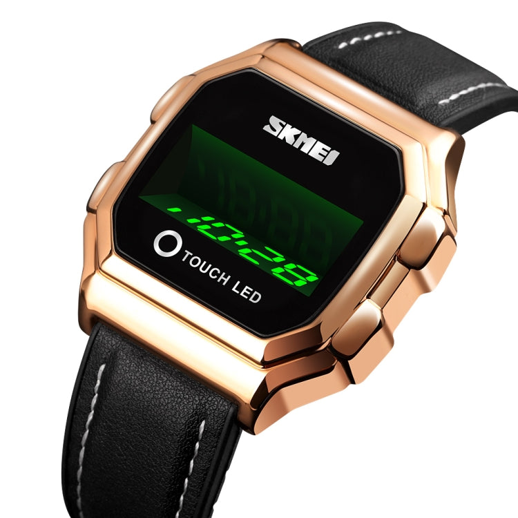 SKMEI LED digital watch with rose gold case and black leather strap, touch display on