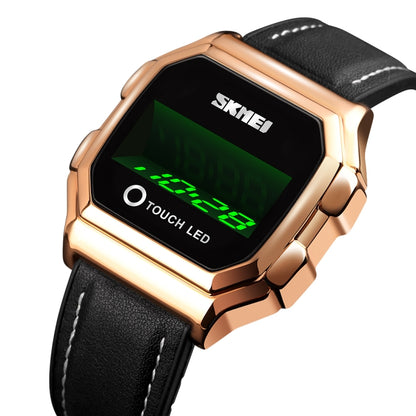 SKMEI LED digital watch with rose gold case and black leather strap, touch display on
