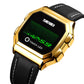SKMEI LED digital watch with gold case and black leather strap, touch display on