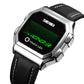 SKMEI LED digital watch with silver case and black leather strap, touch display on