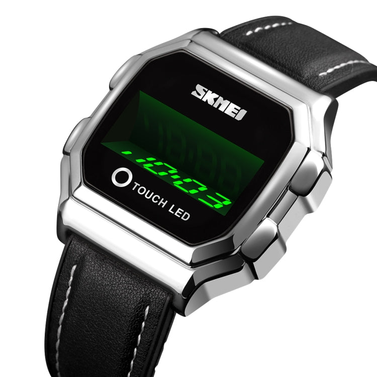 SKMEI LED digital watch with silver case and black leather strap, touch display on