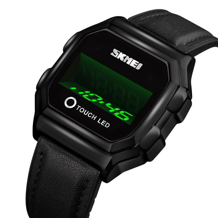 SKMEI LED digital watch with black case and black leather strap, touch display on