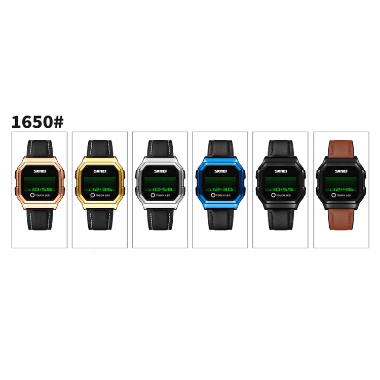 Assorted SKMEI LED digital watches with leather straps, shown in multiple colors