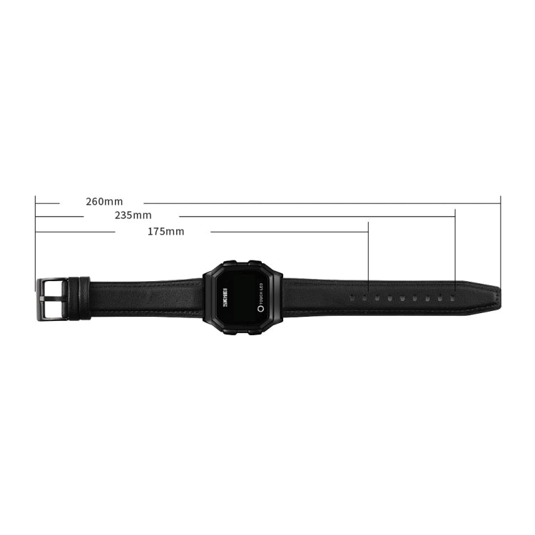 SKMEI LED digital watch black leather strap, side view with buckle and touch display