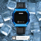SKMEI LED digital watch with blue case and black leather strap, touch display on