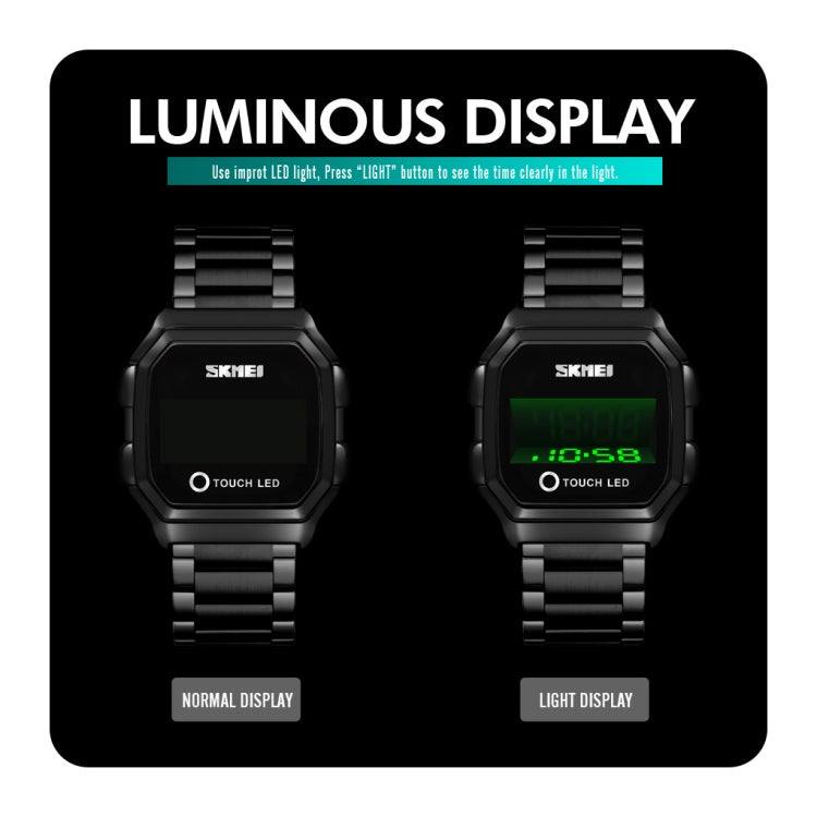 Two SKMEI LED digital watches with luminous touch LED display, dark case and strap