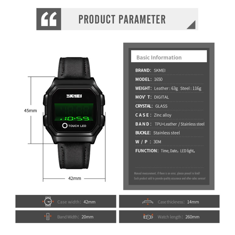SKMEI digital LED watch with black leather strap and green backlit display, touch button