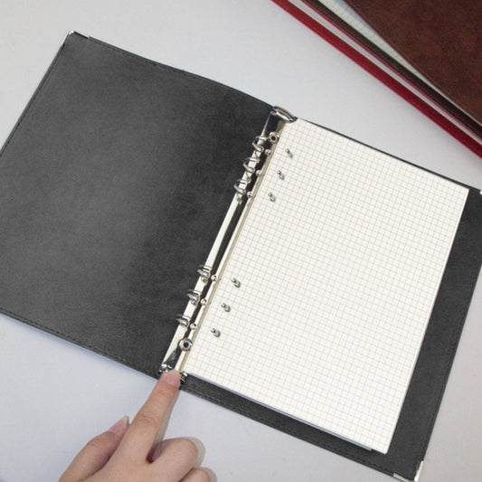 A5 faux leather loose-leaf notebook, black cover, grid paper core with binder rings