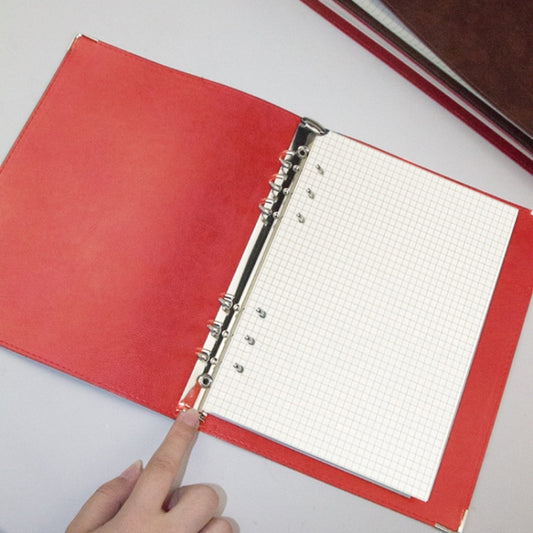 A5 faux leather loose-leaf notebook, red cover, grid paper core with binder rings