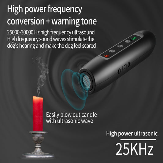 Black ultrasonic dog repeller with flashlight, green LED bars, 25kHz high-frequency design
