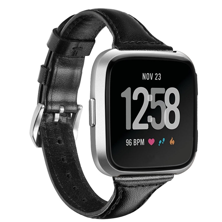 Black genuine leather smartwatch wrist strap with metal buckle for Fitbit Versa 2