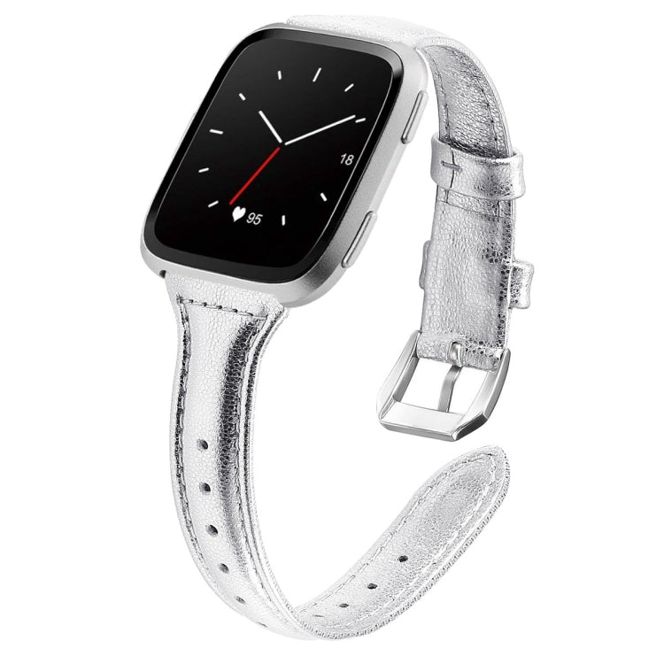 Silver-tone metallic leather smartwatch strap with metal buckle for Fitbit Versa 2