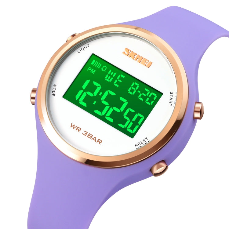 LED digital watch with purple silicone strap, round rose-gold bezel, green light display
