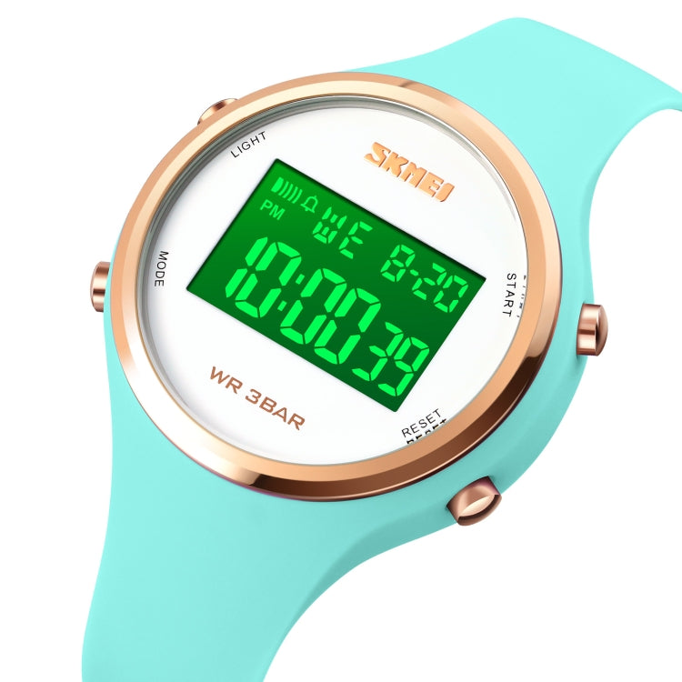 LED digital watch with light green silicone strap, round rose-gold bezel, green light display