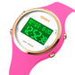 LED digital watch with pink silicone strap, round rose-gold bezel, green light digital display
