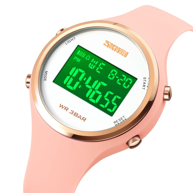 LED digital watch with light pink silicone strap, round rose-gold bezel, green light display