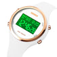 LED digital watch with white silicone strap, round rose-gold bezel, green light digital display