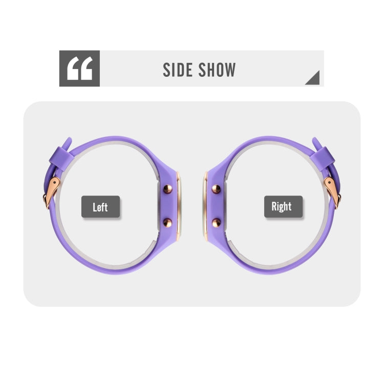 Round LED digital watch with purple silicone strap, side buttons, rose-gold bezel